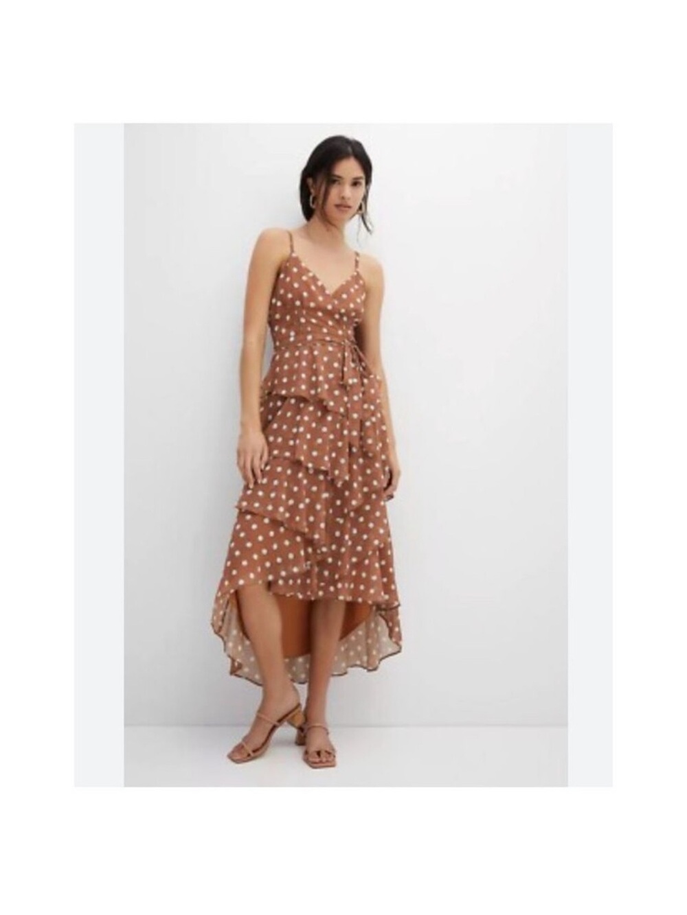 Hutch Anthropologie Brown Polka Dot Tiered Midi Dress Size L Date Party wrap